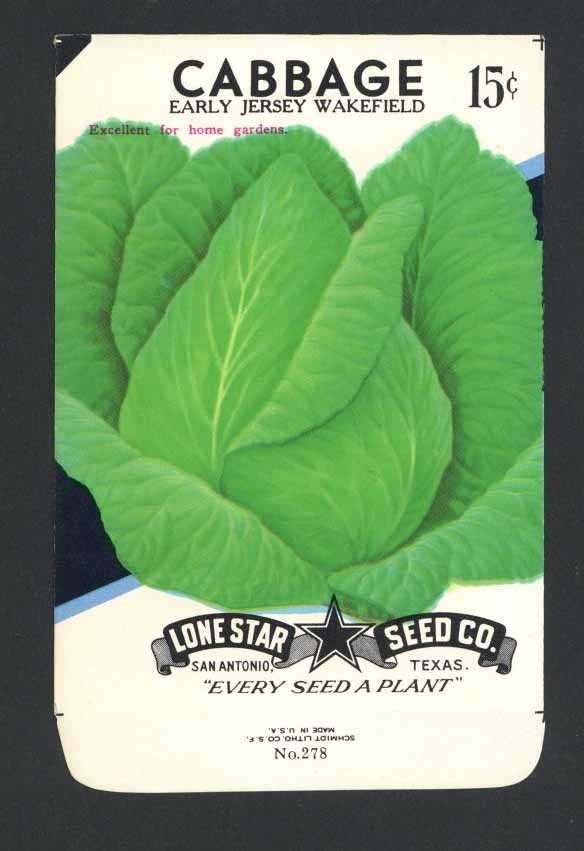 Cabbage Vintage Lone Star Seed Packet, Jersey Wakefield