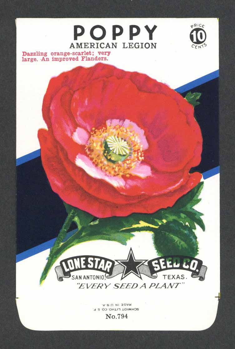 Poppy Vintage Lone Star Seed Packet, American Legion