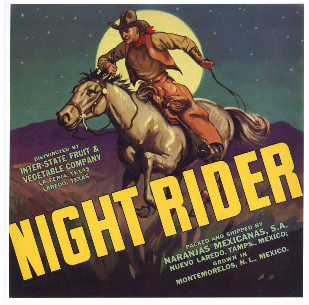Night Rider Brand Vintage Texas Citrus Crate Label