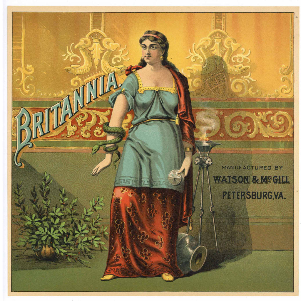 Britannia Brand  Antique Tobacco Caddy Label, square