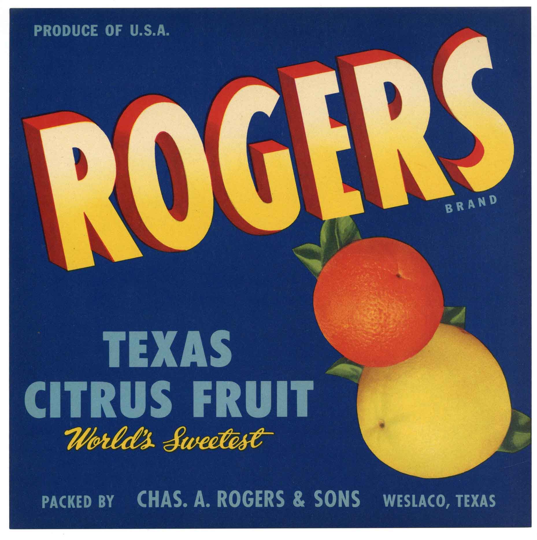 Rogers Brand Vintage Weslaco Texas Citrus Crate Label, 9x9 – thelabelman