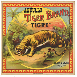 Tiger Brand Antique Tobacco Caddy Label, Galban & Co.