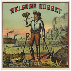 Welcome Nugget Brand Antique Tobacco Caddy Label, square