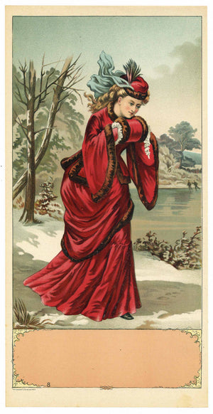 Stock Antique Tobacco Caddy Label, girl in red dress