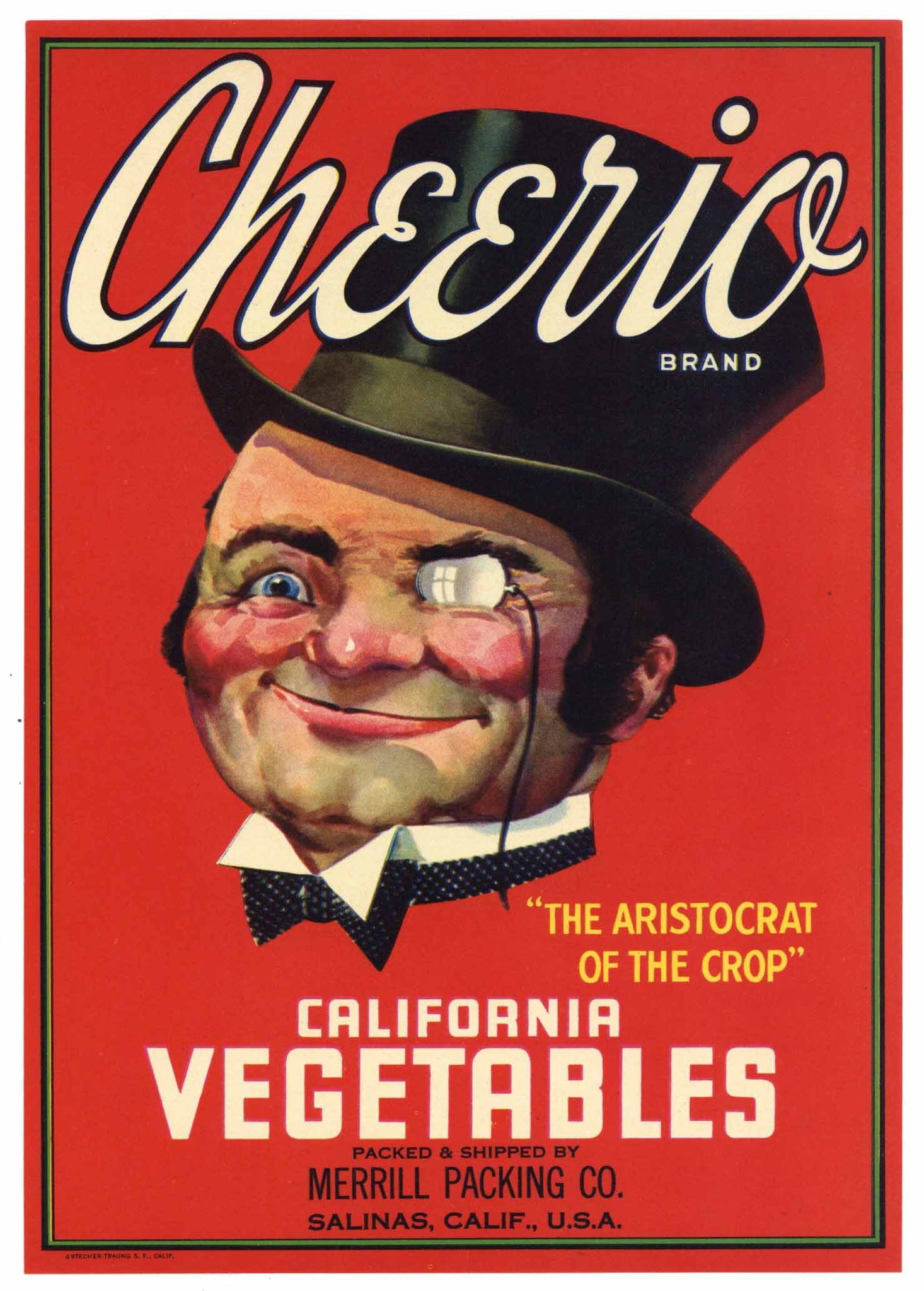 Cherrio Brand Vintage Salinas Vegetable Crate Label, large