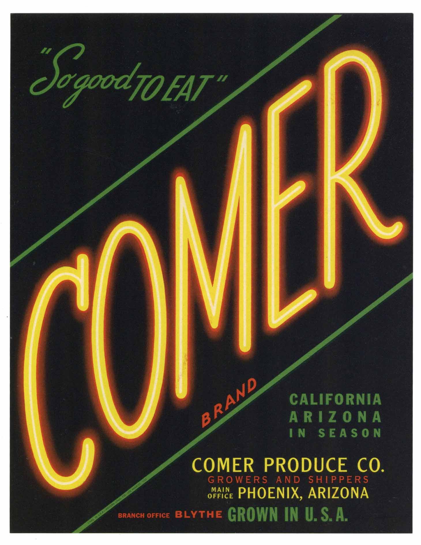 Comer Brand Vintage Phoenix Arizona Vegetable Crate Label