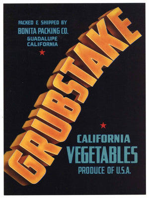Grubstake Brand Vintage Santa Barbara County Vegetable Crate Label