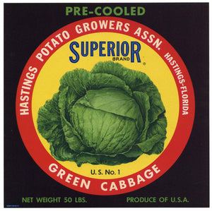 Superior Brand Vintage Hastings Florida Cabbage Crate Label