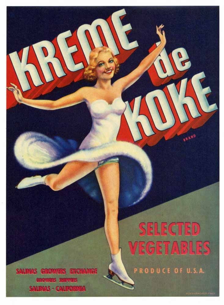 Kreme de Koke Brand Vintage Salinas Vegetable Crate Label