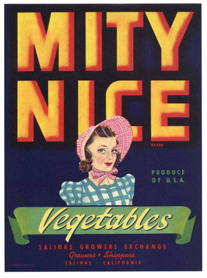Mity Nice Brand Vintage Salinas Vegetable Crate Label