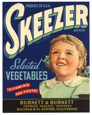 Skeezer Brand Vintage Salinas Vegetable Crate Label