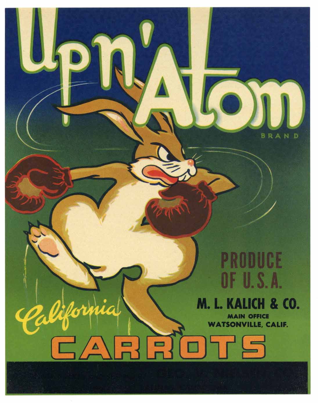 Up N' Atom Brand Vintage Watsonville Carrot Crate Label