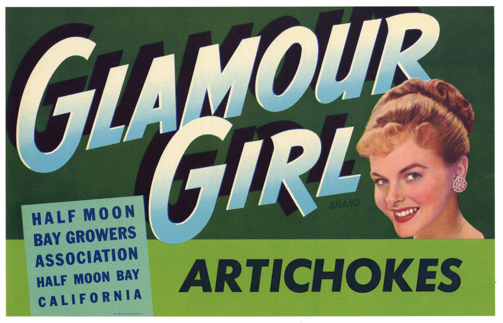 Glamour Girl Brand Vintage Half Moon Bay Vegetable Crate Label, Artichokes
