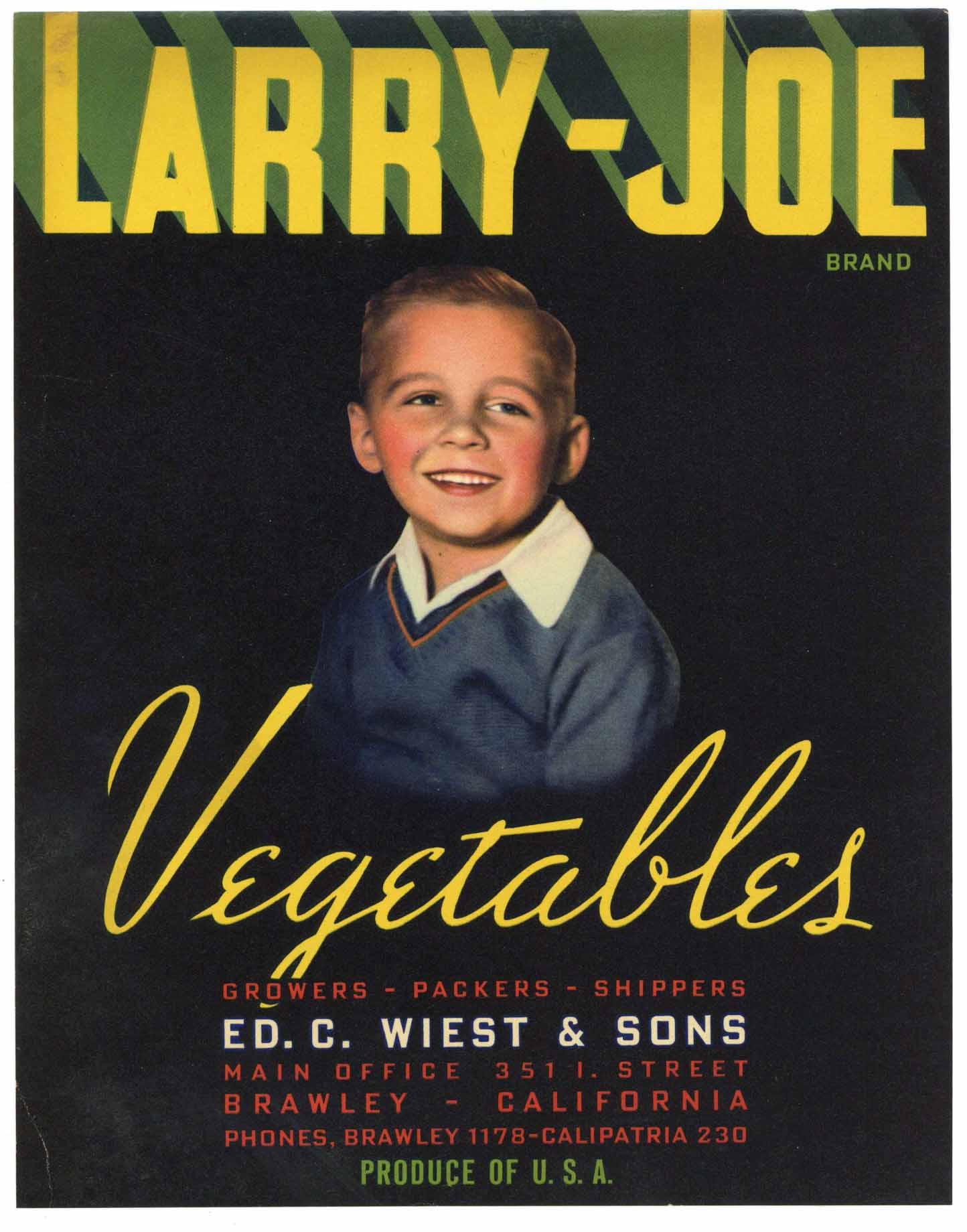 Larry Joe Brand Vintage Brawley Vegetable Crate Label