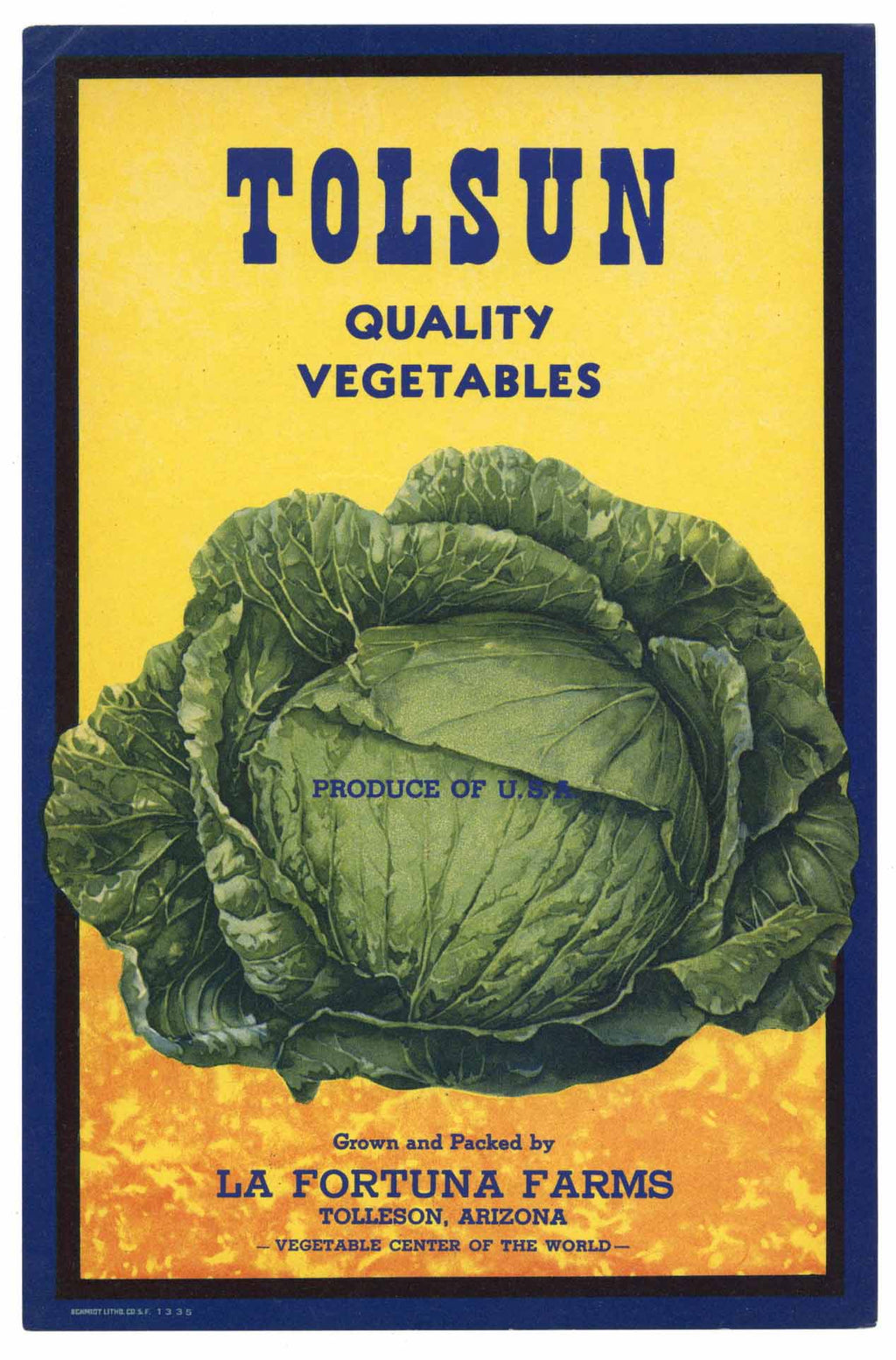 Tolsun Brand Vintage Arizona Vegetable Crate Label