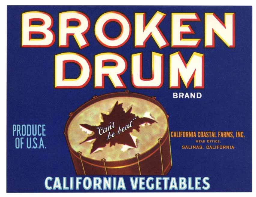 Broken Drum Brand Vintage Salinas Vegetable Crate Label