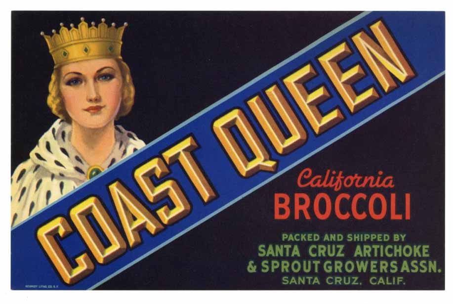 Coast Queen Brand Vintage Santa Cruz Broccoli Crate Label