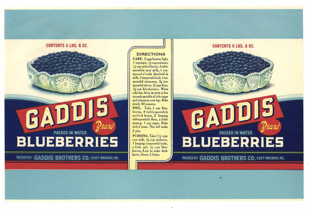 Gaddis Brand Vintage Maine Blueberry Can Label