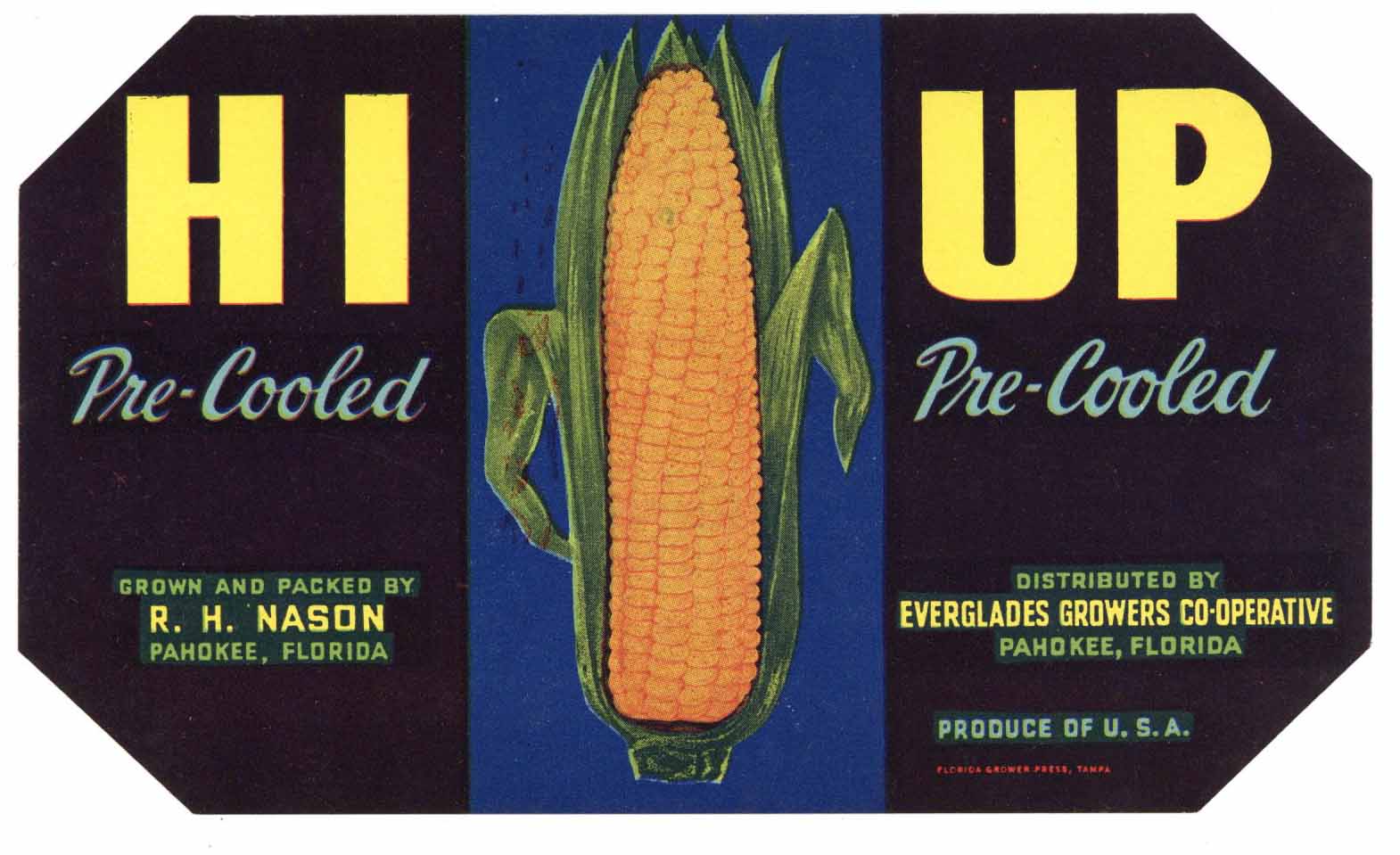 Hi Up Brand Vintage Pahokee Florida Vegetable Crate Label, corn