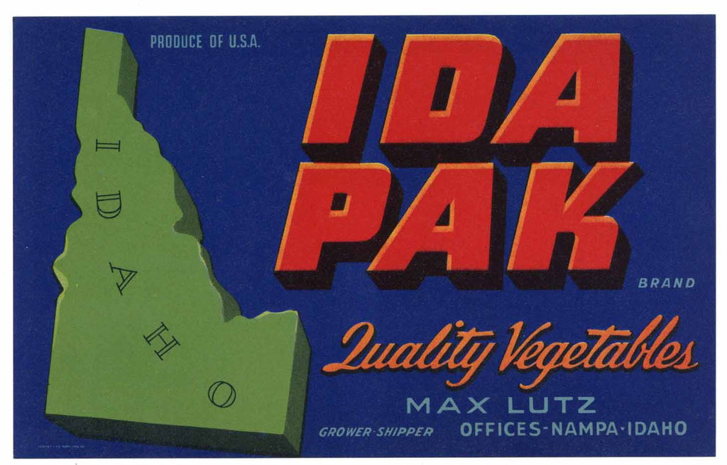Ida Pak Brand Vintage Nampa Idaho Vegetable Crate Label