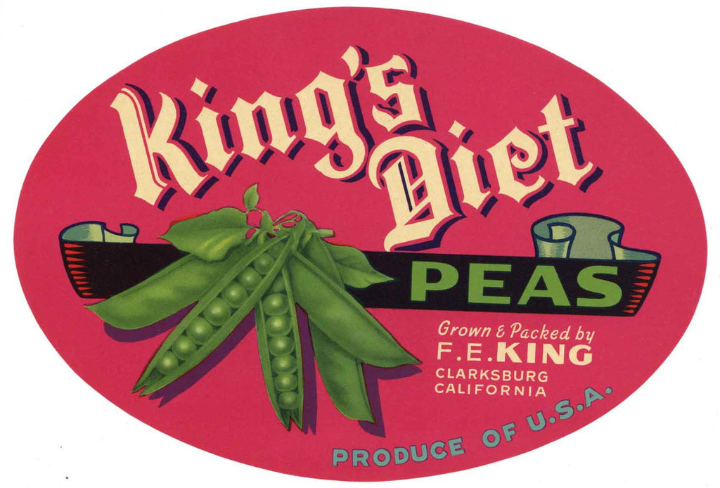 King's Diet Brand Vintage Sacramento Delta Peas Vegetable Crate Label