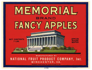 Memorial Brand Vintage Winchester Virginia Apple Can Label