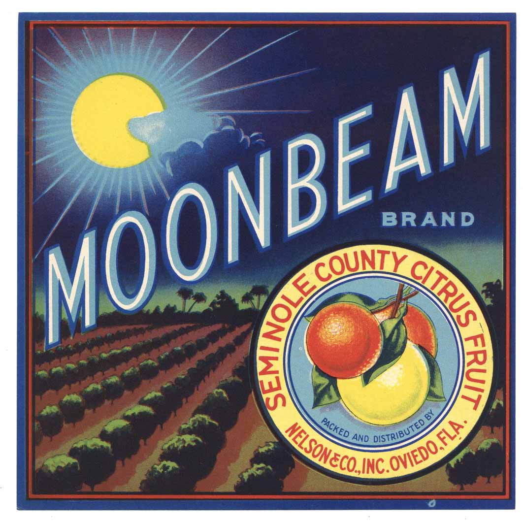 Moonbeam Brand Vintage Oviedo Florida Citrus Crate Label 7x7, o