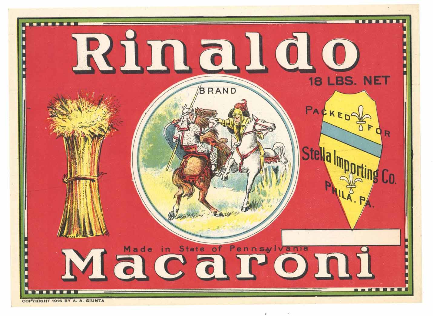 Rinaldo Brand Vintage Macaroni Box Label