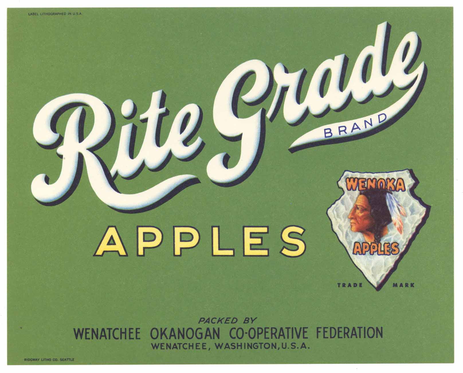 Rite Grade Brand Vintage Wenatchee Washington Apple Crate Label, gp