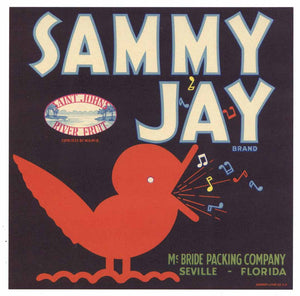 Sammy Jay Brand Vintage Seville Florida Citrus Crate Label 7x7, seal