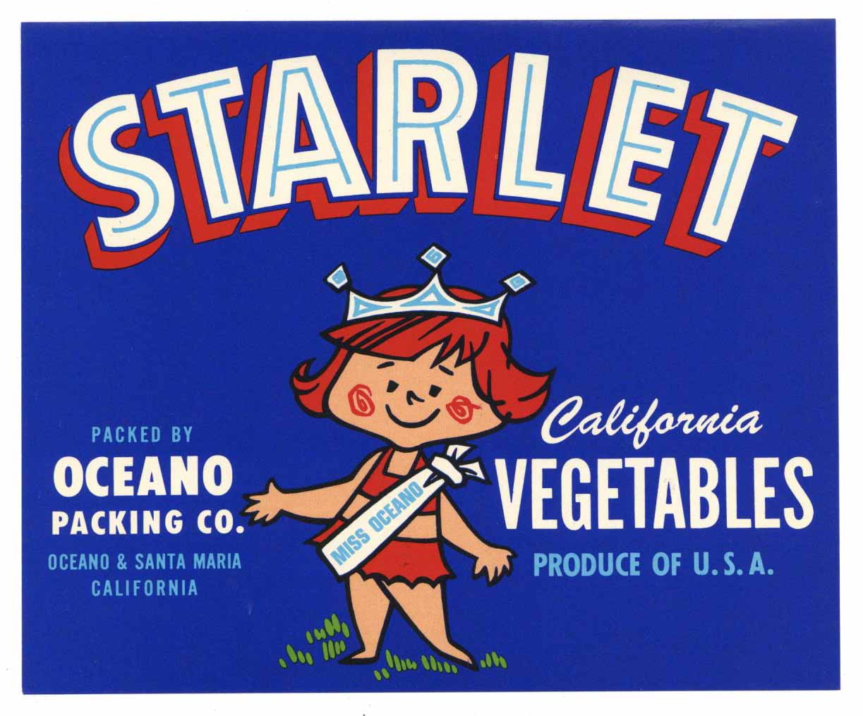 Starlet Brand Vintage Oceano Vegetable Crate Label, cartoon