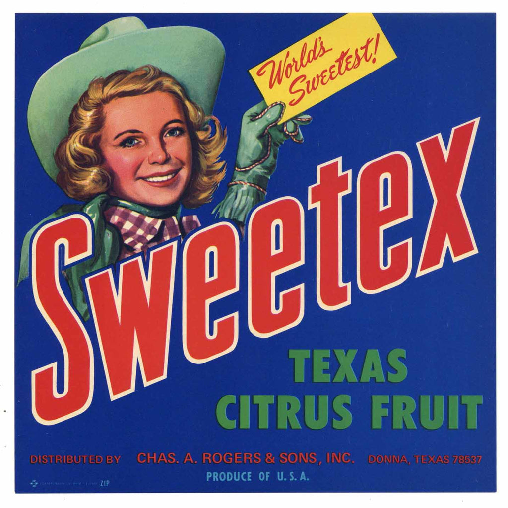 Sweetex Brand Vintage Weslaco Texas Citrus Crate Label, 7x7