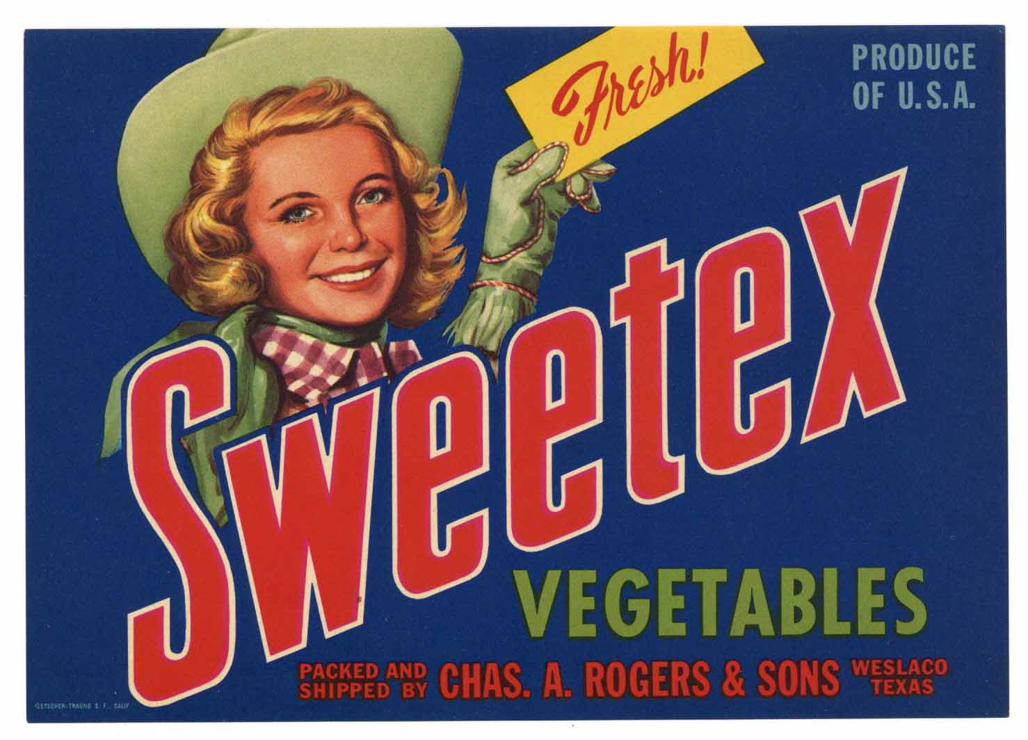 Sweetex Brand Vintage Weslaco Texas Vegetable Crate Label