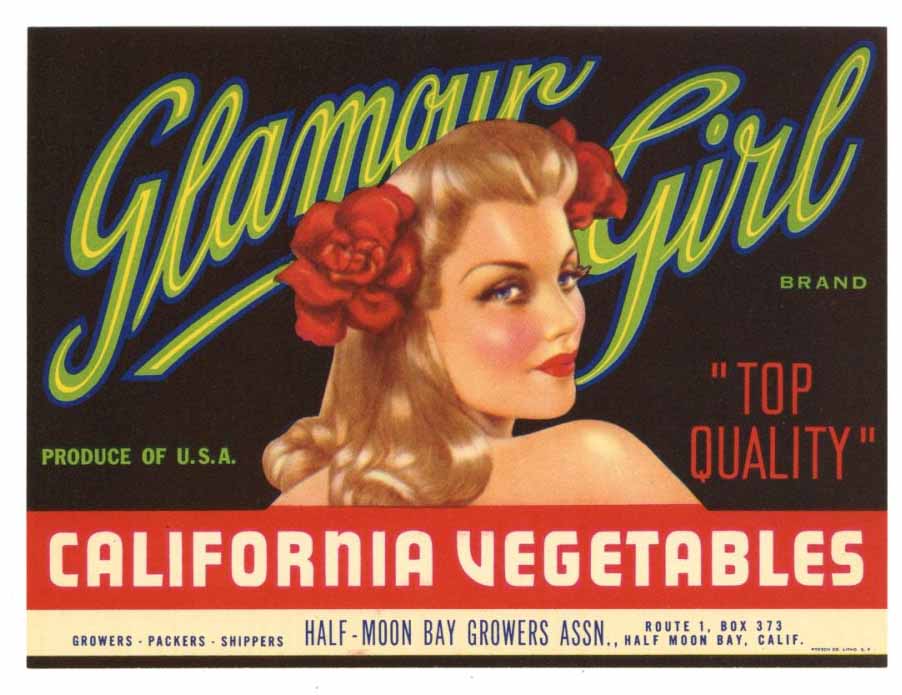 Glamour Girl Brand Vintage Half Moon Bay Vegetable Crate Label