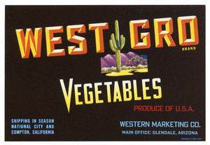 West Gro Brand Vintage Glendale Arizona Vegetable Crate Label