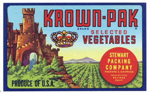 Krown-Pak Brand Vintage Salinas Vegetable Crate Label