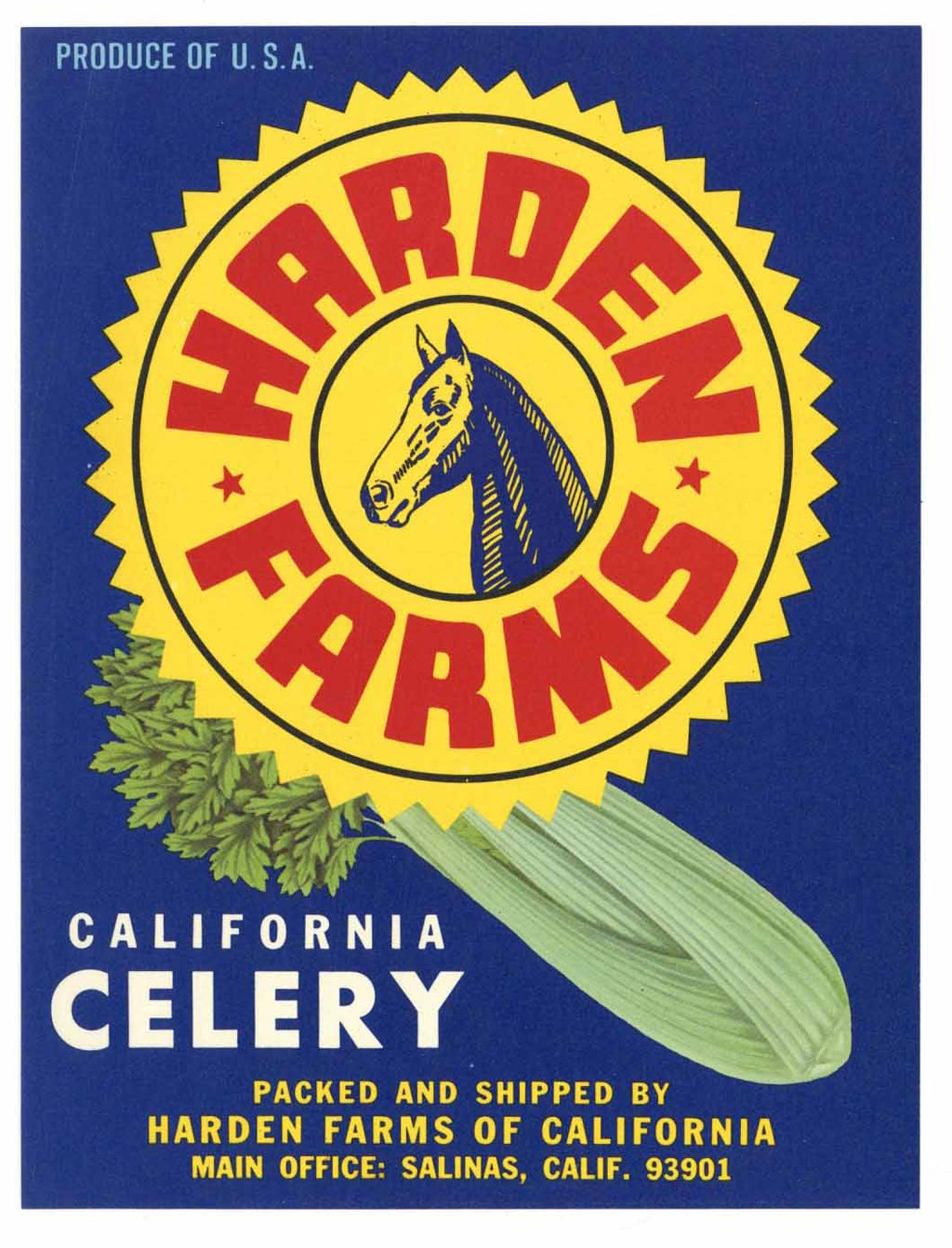Hard-en Krisp Brand Vintage Salinas Vegetable Crate Label, horse