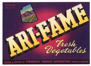 Ari-Fame Brand Vintage Phoenix Arizona Vegetable Crate Label