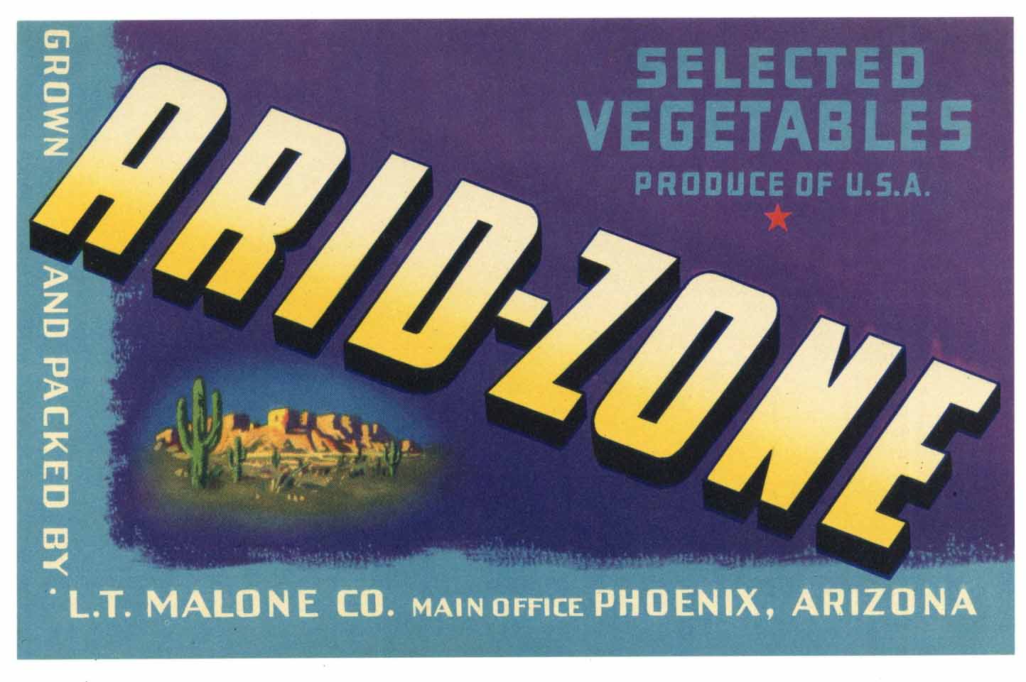 Arid-Zone Brand Vintage Phoenix Arizona Vegetable Crate Label