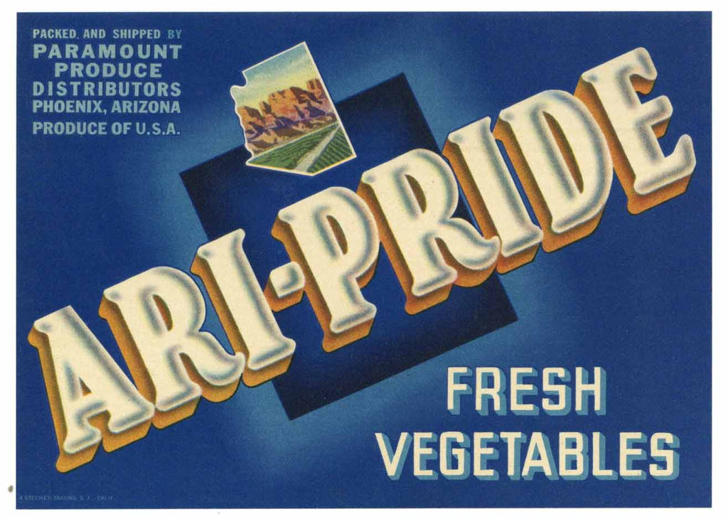 Ari-Pride Brand Vintage Phoenix Arizona Vegetable Crate Label