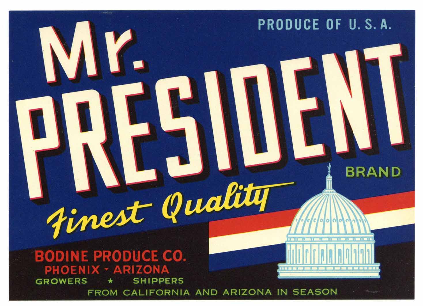 Mr. President Brand Vintage Phoenix Arizona Vegetable Crate Label