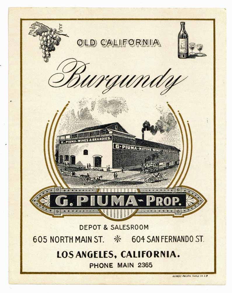 Old California Brand Vintage G. Piuma Burgundy Wine Label