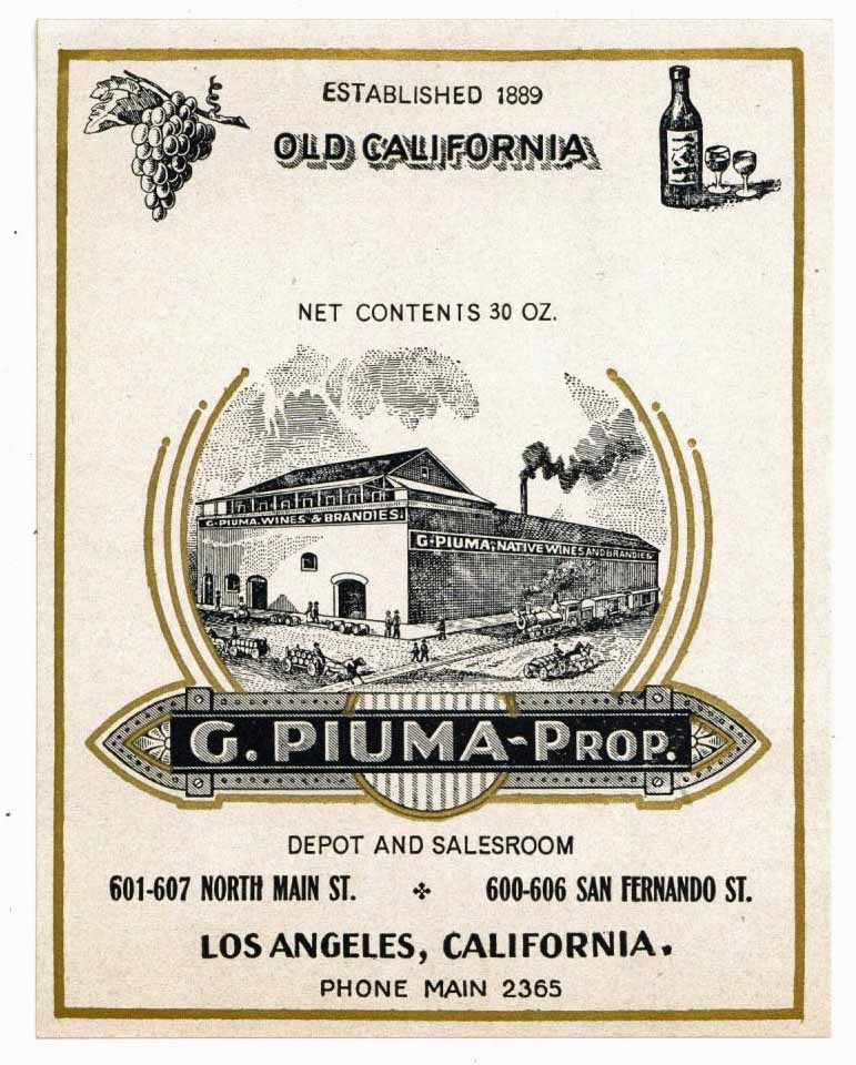 Old California Brand Vintage G. Piuma Wine Label