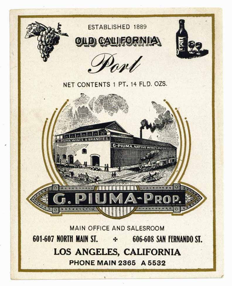 Old California Brand Vintage G. Piuma Port Label