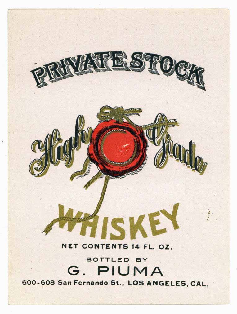 Private Stock Brand Vintage G. Piuma Whiskey Label
