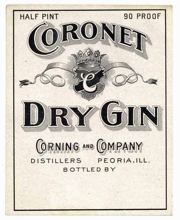Coronet Brand Vintage Peoria, Illinois Dry Gin Label