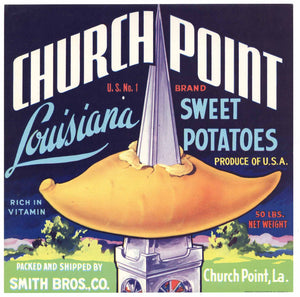 Church Point Brand Vintage Louisiana Yam Crate Label, hole