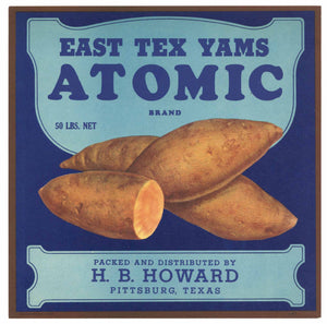 Atomic Brand Vintage Pittsburg Texas Yam Crate Label, blue title