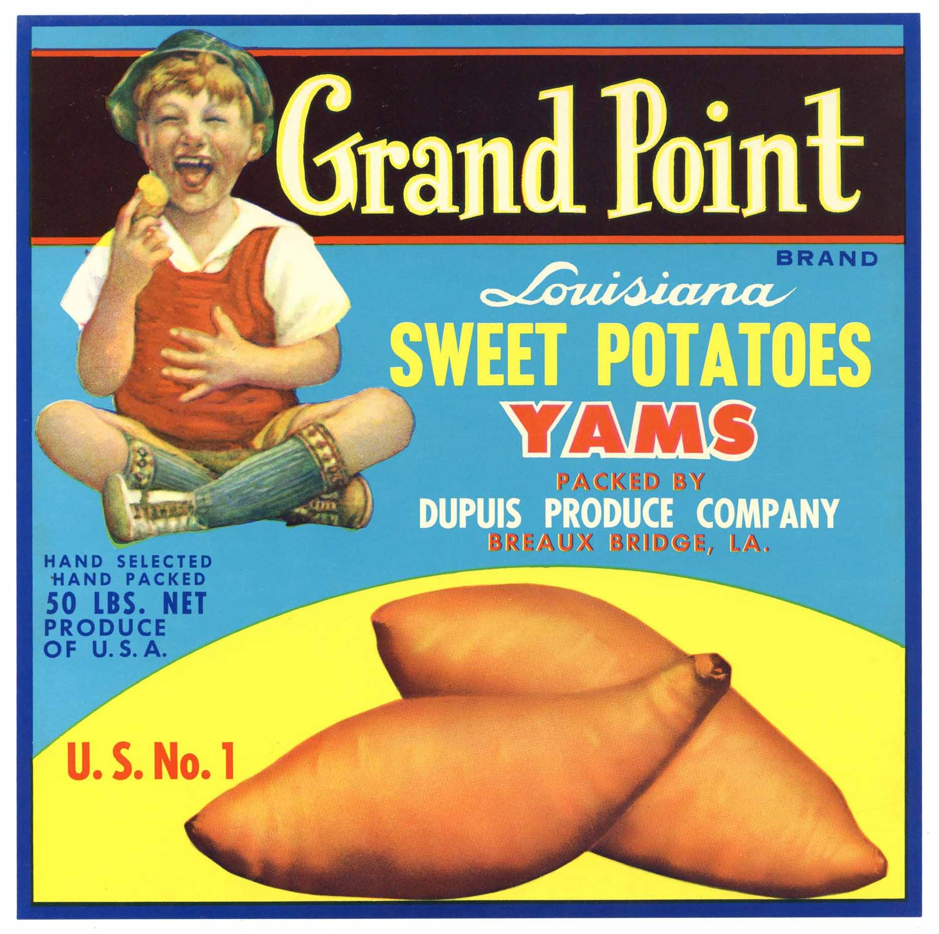 Grand Point Brand Vintage Breaux Bridge Louisiana Yam Crate Label