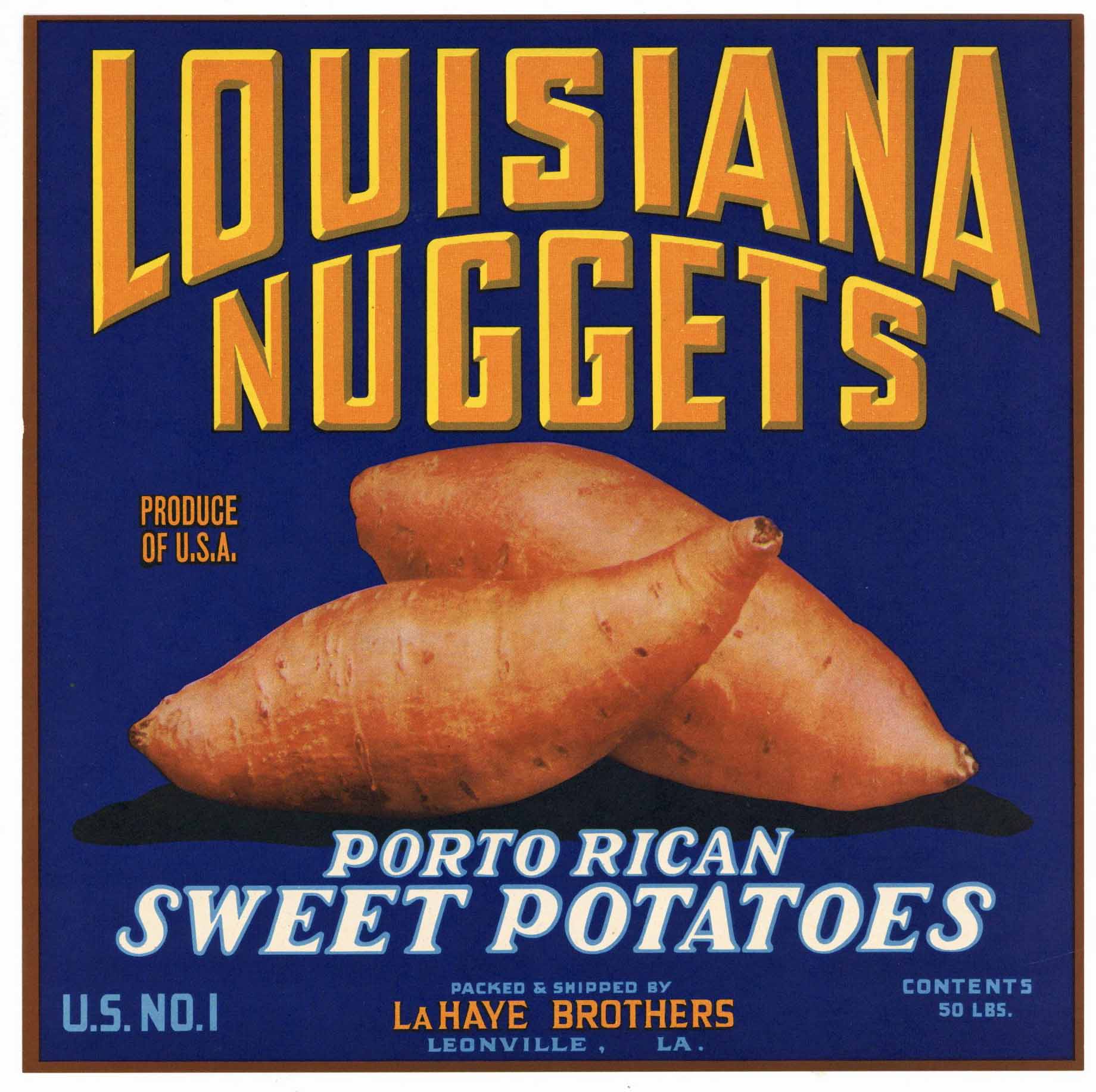 Louisiana Nuggets Brand Vintage Leonville Louisiana Yam Crate Label